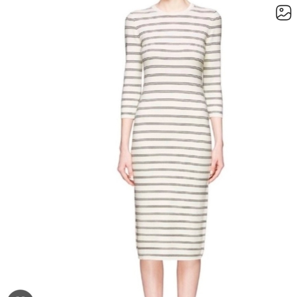 Theory Cream and Gray Striped Midi Dress